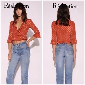 Realisation Cher silk polka dot cropped blouse